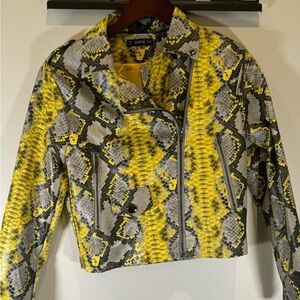 Faux leather yellow, grey black jacket. Size XS